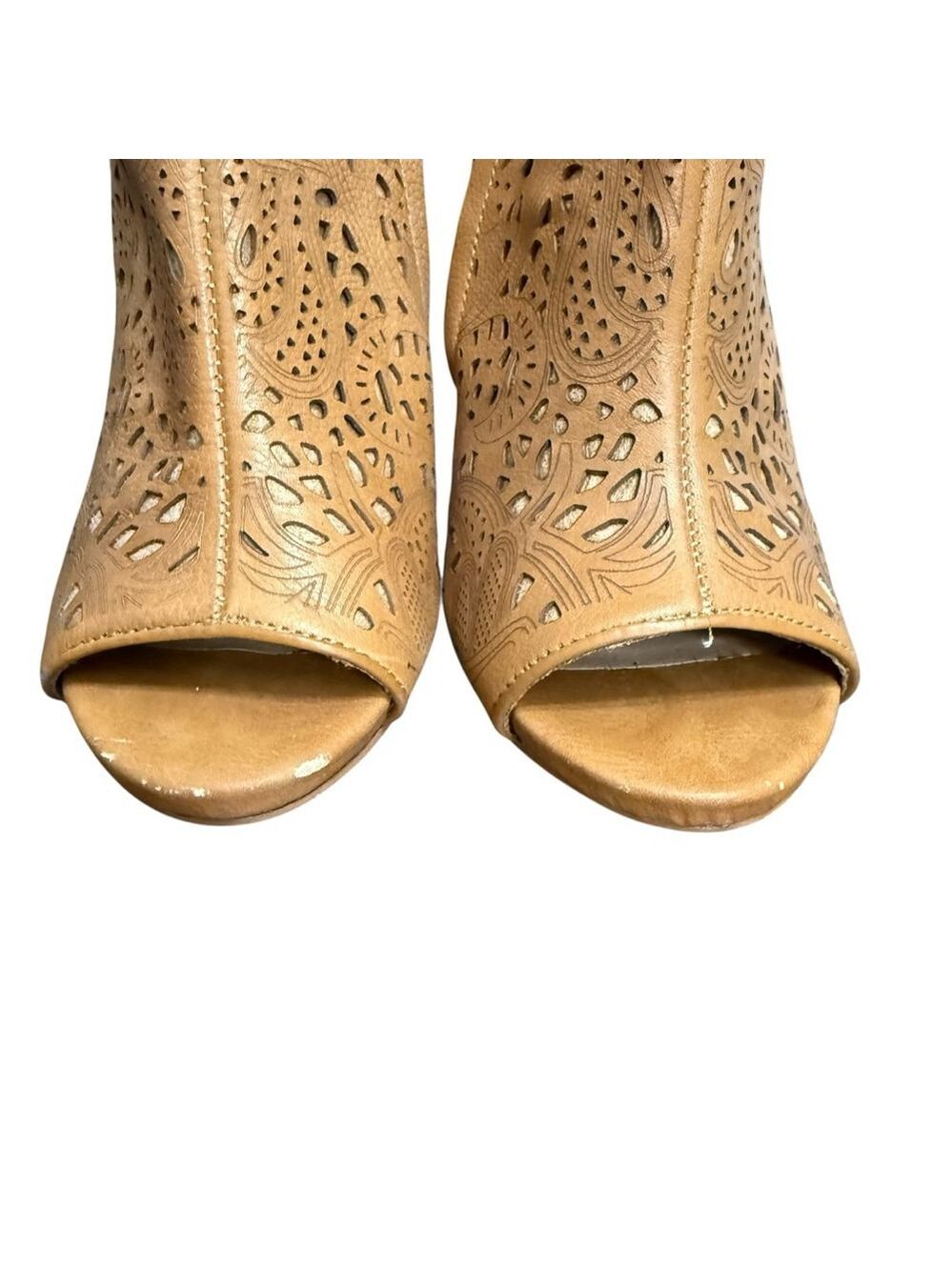 Steve Madden Women’s 8M Korsett Tan Leather Peep Toe Laser Cut Booties 5” Stilet - Picture 3 of 11